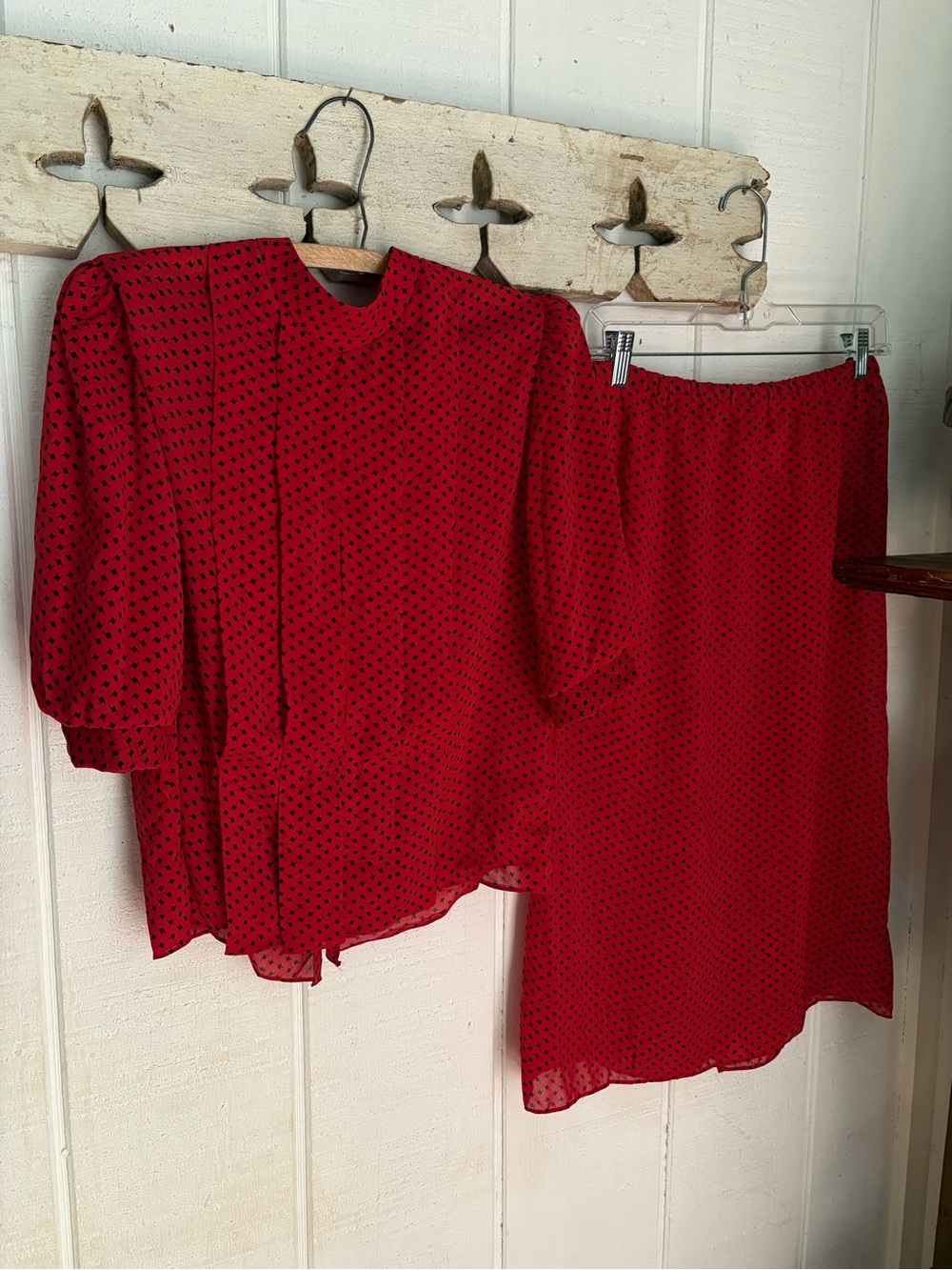 Vintage  Women's Red Blouse and Skirt Set with Black Print